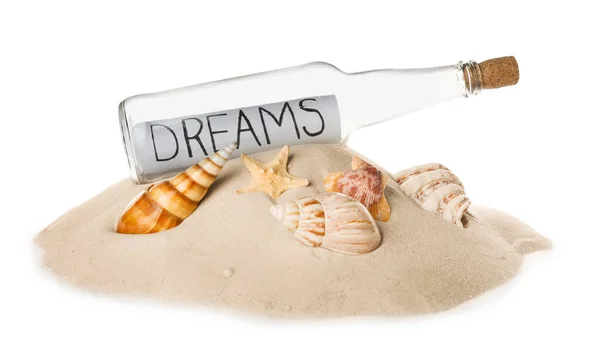 Corked Glass Bottle Dreams Note Seashells Sand White Background — Stock Photo, Image