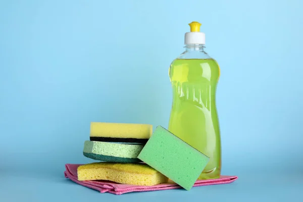 Sponges Other Cleaning Products Light Blue Background — Foto de Stock