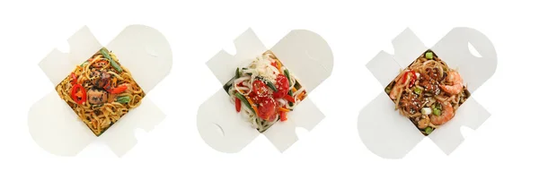 白い背景においしい中華麺の箱とセット トップビュー バナーデザイン — ストック写真