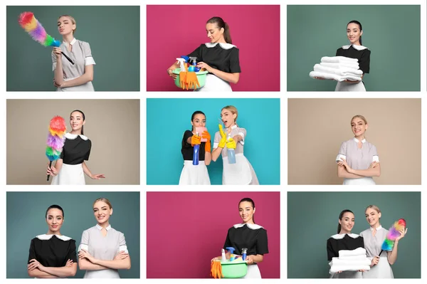 Collage Portraits Chambermaids Different Color Backgrounds — Stock Photo, Image