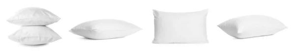Set Con Almohadas Suaves Sobre Fondo Blanco Diseño Banner — Foto de Stock