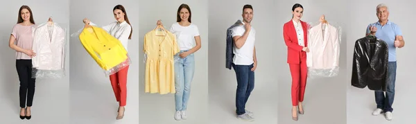薄いグレーの背景に服を保持する人々の写真とコラージュ バナーデザイン ドライクリーニングサービス — ストック写真