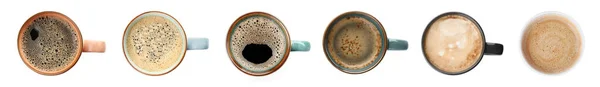 Set Mit Tassen Heißen Aromatischen Kaffees Auf Weißem Hintergrund Draufsicht — Stockfoto