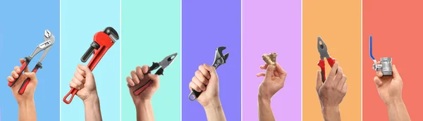 Collage Photos Men Holding Plumbing Tools Different Color Backgrounds Banner — Stock Photo, Image