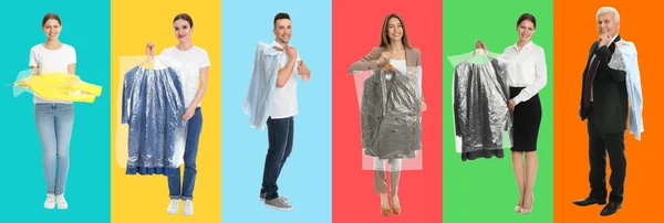 異なる色の背景に服を保持している人々の写真とコラージュ バナーデザイン ドライクリーニングサービス — ストック写真