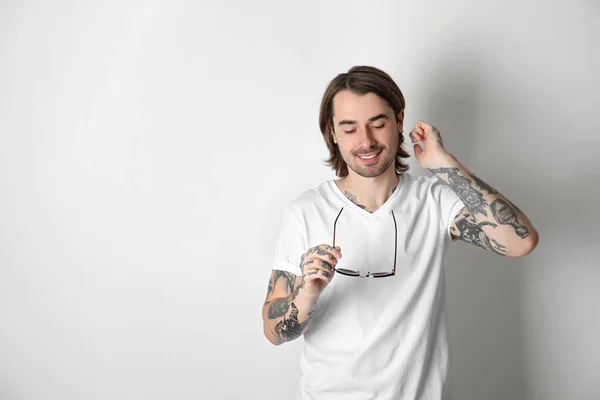 Young Man Tattoos Arms White Background — Stock Photo, Image