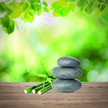 Yeşil yaprakların altındaki ahşap masanın üzerinde bulanık arka planda istiflenmiş taşlar ve bambu sapları var. Zen kavramı