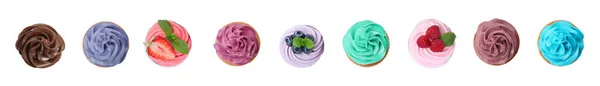 Conjunto Cupcakes Aniversário Coloridos Fundo Branco Vista Superior Design Banner — Fotografia de Stock