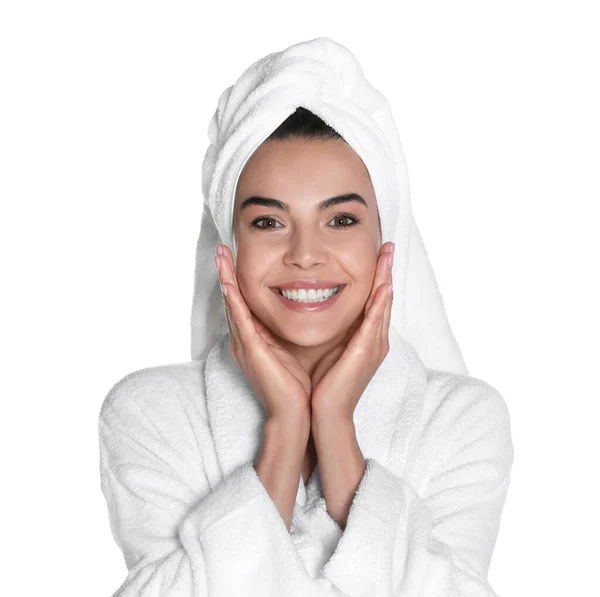 Beautiful Young Woman Wearing Bathrobe Towel Head White Background — Stock Photo, Image