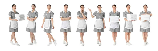 Collage Photos Chambermaid Uniform White Background Banner Design — Stock Photo, Image