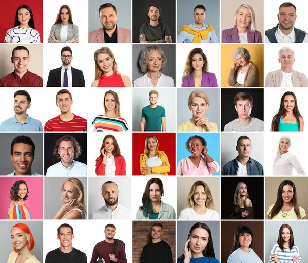Collage Mit Fotos Attraktiver Menschen Auf Verschiedenfarbigen Hintergründen — Stockfoto