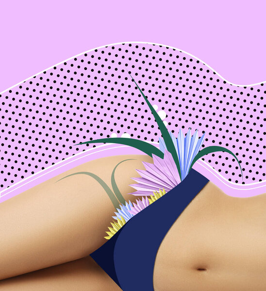 Epilation concept. Young woman with flowers and leaves sticking as hair out of panties on violet background, closeup