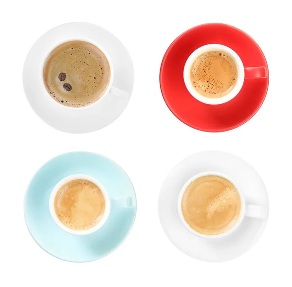 Set Avec Des Tasses Café Aromatique Chaud Sur Fond Blanc — Photo