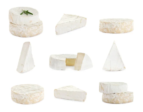 Set Con Deliciosos Quesos Brie Camambert Sobre Fondo Blanco — Foto de Stock