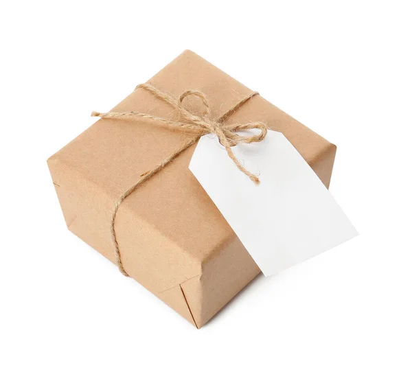 Gift Box Wrapped Kraft Paper Bow Tag Isolated White — Stock Photo, Image