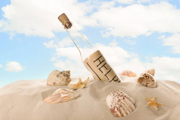 Corked Glass Bottle Help Note Seashells Sand Sky — Stock Photo, Image