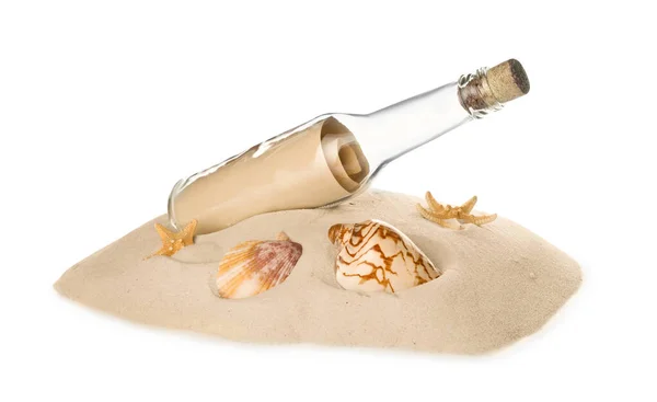 Corked Glass Bottle Rolled Paper Note Seashells Sand White Background — Stock Photo, Image