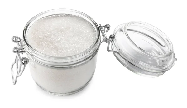 Cukier Granulowany Szklanym Słoiku Izolowany Biało — Zdjęcie stockowe