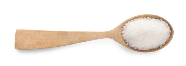Zucchero Semolato Cucchiaio Legno Isolato Bianco Vista Dall Alto — Foto Stock