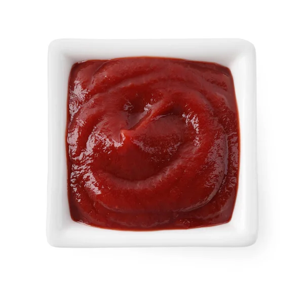 Sabroso Ketchup Tazón Aislado Blanco Vista Superior — Foto de Stock