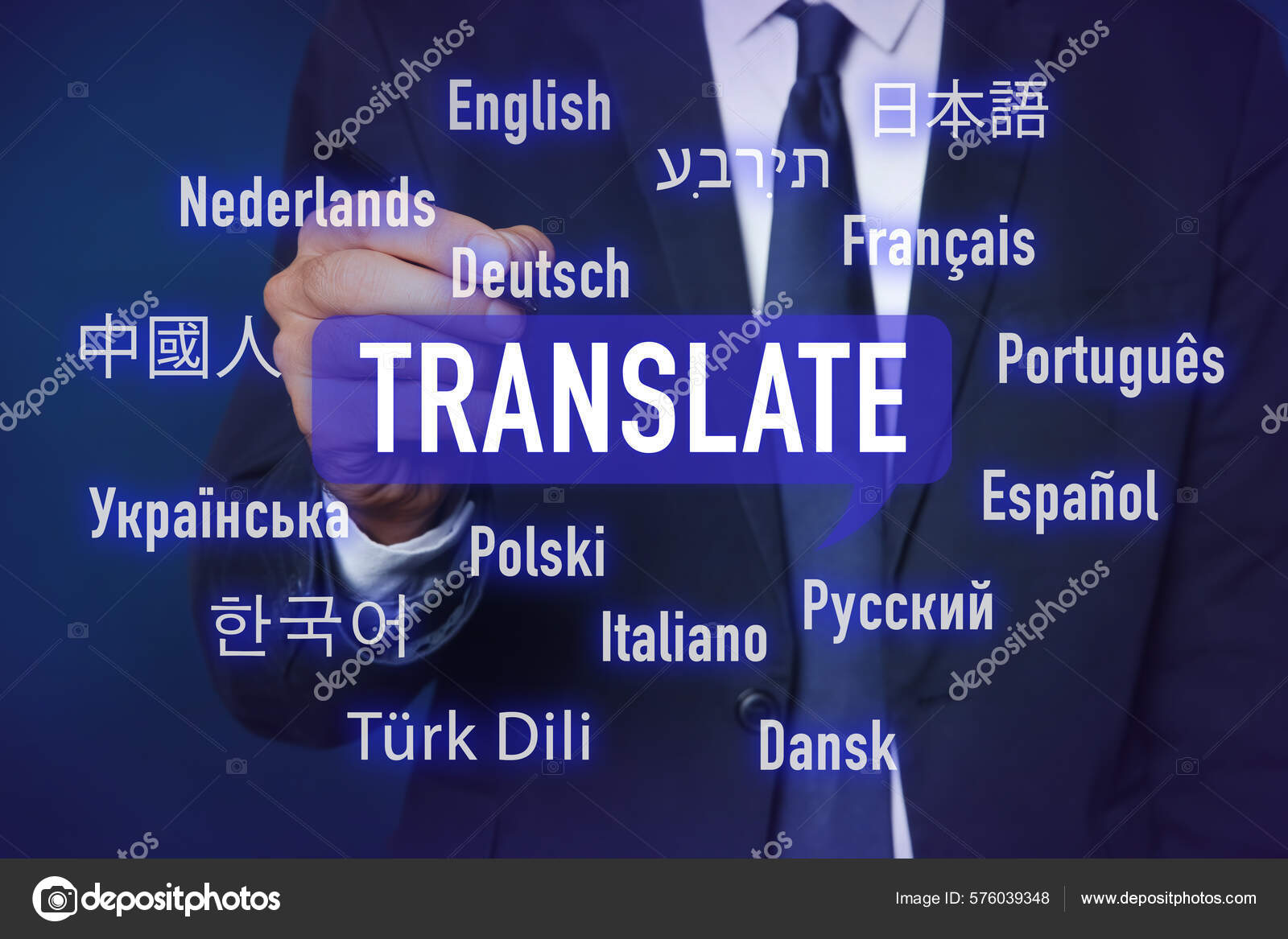 Translator Pointing Virtual Screen Names Different Languages Dark Blue