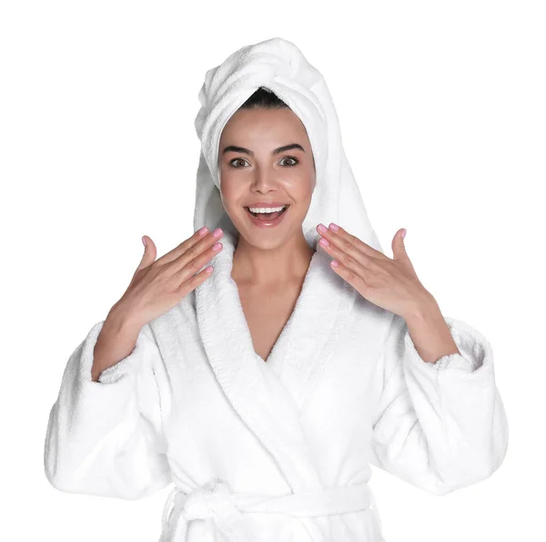 Beautiful Young Woman Wearing Bathrobe Towel Head White Background — Stock Photo, Image