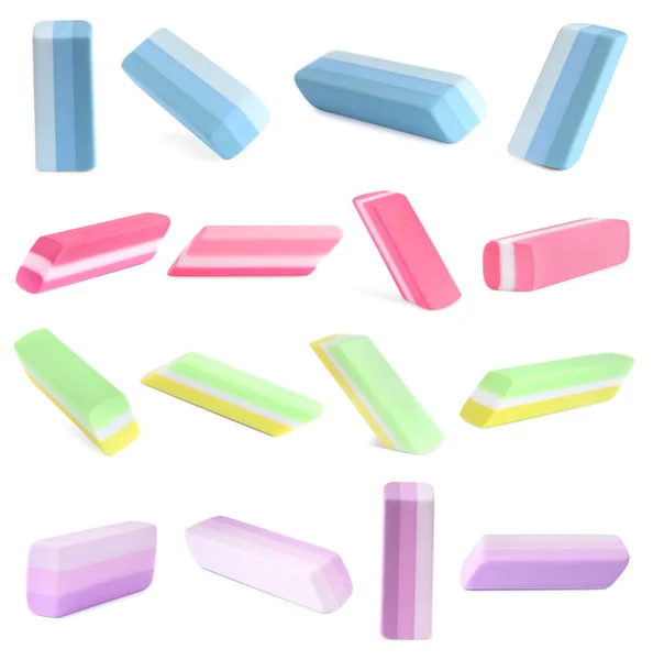 Collage Rubber Erasers White Background — Stock Photo, Image