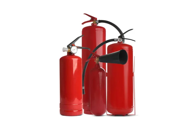 Grupo Diferentes Extintores Sobre Fondo Blanco — Foto de Stock
