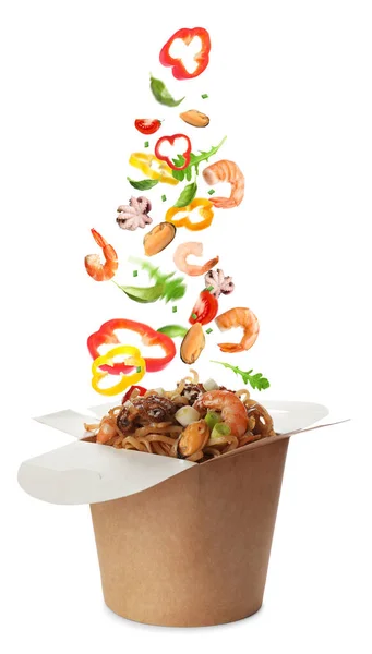 Different Fresh Ingredients Falling Box Wok Noodles White Background — Stock Photo, Image