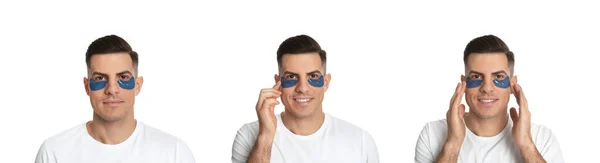 Collage Handsome Man Cosmetic Eye Patches White Background Banner Design — Stock Photo, Image