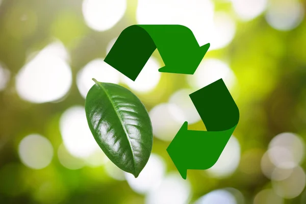 Recycling Symbol Aus Pfeilen Und Grünem Blatt Auf Verschwommenem Hintergrund — Stockfoto