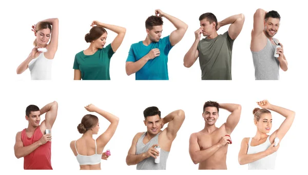 Collage Photos People Applying Deodorants Armpits Sweat Stains Clothes White — Stock Photo, Image