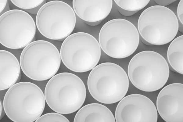 Many Styrofoam Cups Light Grey Background Flat Lay — Foto de Stock