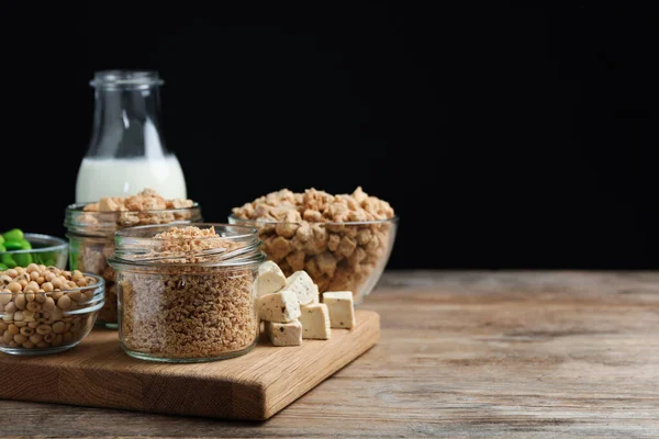 Different Organic Soy Products Wooden Table Space Text — Stock Photo, Image