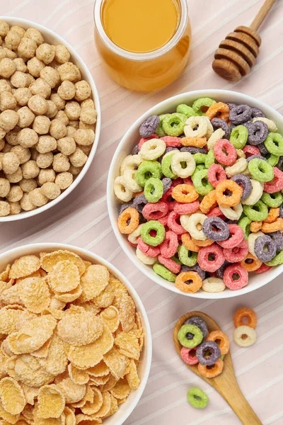 Different Breakfast Cereals Honey Napkin Flat Lay — Zdjęcie stockowe