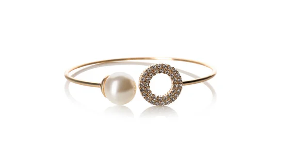 Elegant Golden Bracelet Pearl Isolated White — 스톡 사진