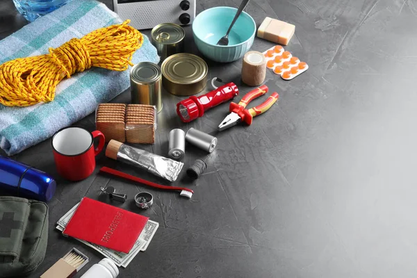 Earthquake Supply Kit Dark Grey Table Space Text — Stock Photo, Image