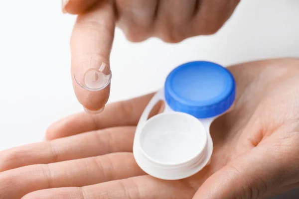 Woman Holding Case Contact Lenses White Background Closeup — Foto de Stock