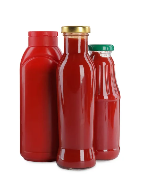Different Bottles Ketchup White Background — Stockfoto