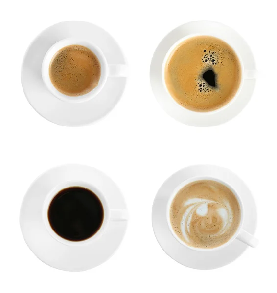 Set Con Tazas Café Aromático Caliente Sobre Fondo Blanco Vista —  Fotos de Stock