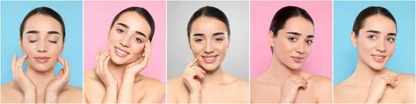 異なる色の背景に完璧な肌を持つ若い女性の肖像画 コラージュ バナーデザイン — ストック写真