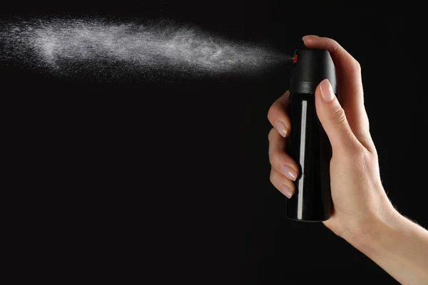 Woman Using Pepper Spray Black Background Closeup — Stock Photo, Image