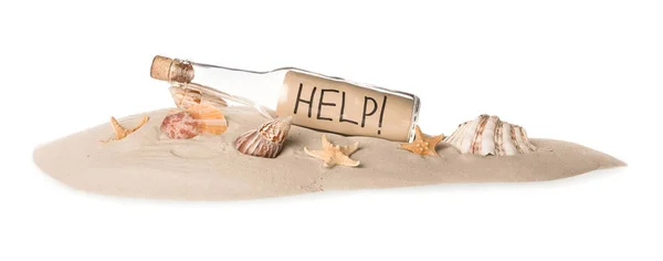 Corked Glass Bottle Help Note Seashells Sand White Background — Stock Photo, Image