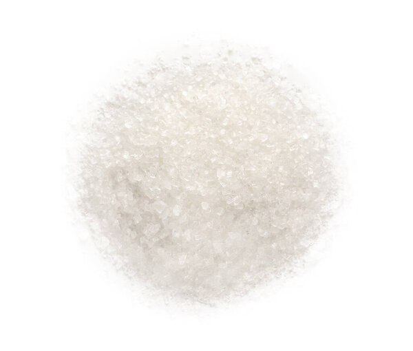 Pile of granulated sugar isolated on white, top view