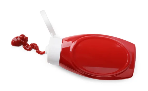 Fles Smakelijke Ketchup Vlek Geïsoleerd Wit Bovenaanzicht — Stockfoto