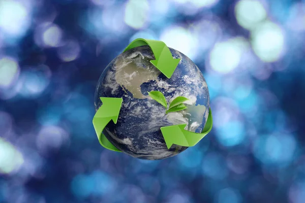 Koncepcja Recyklingu Ziemia Planeta Zielonymi Strzałkami Liści Rozmytym Tle Ilustracja — Zdjęcie stockowe