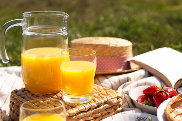 Frischer Saft Und Erdbeeren Auf Decke Freien Sommerpicknick — Stockfoto