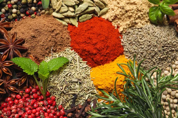 Different Fresh Herbs Aromatic Spices Background Top View — Foto Stock