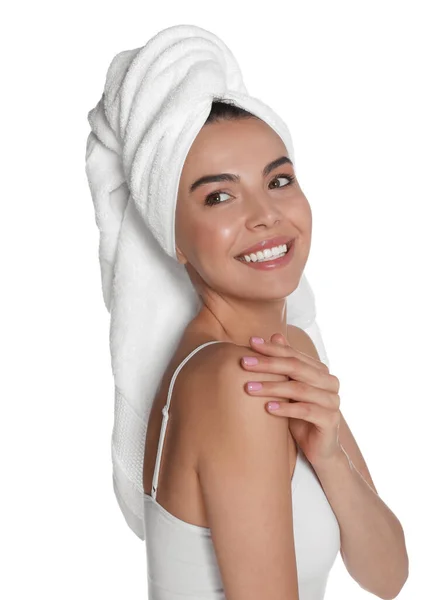 Beautiful Young Woman Towel Head White Background — Stock Photo, Image