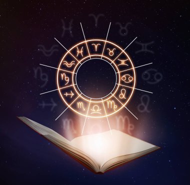 Açık bir kitap, burçların çizimi astrolojik işaretler ve geceleri yıldızlı gökyüzü.